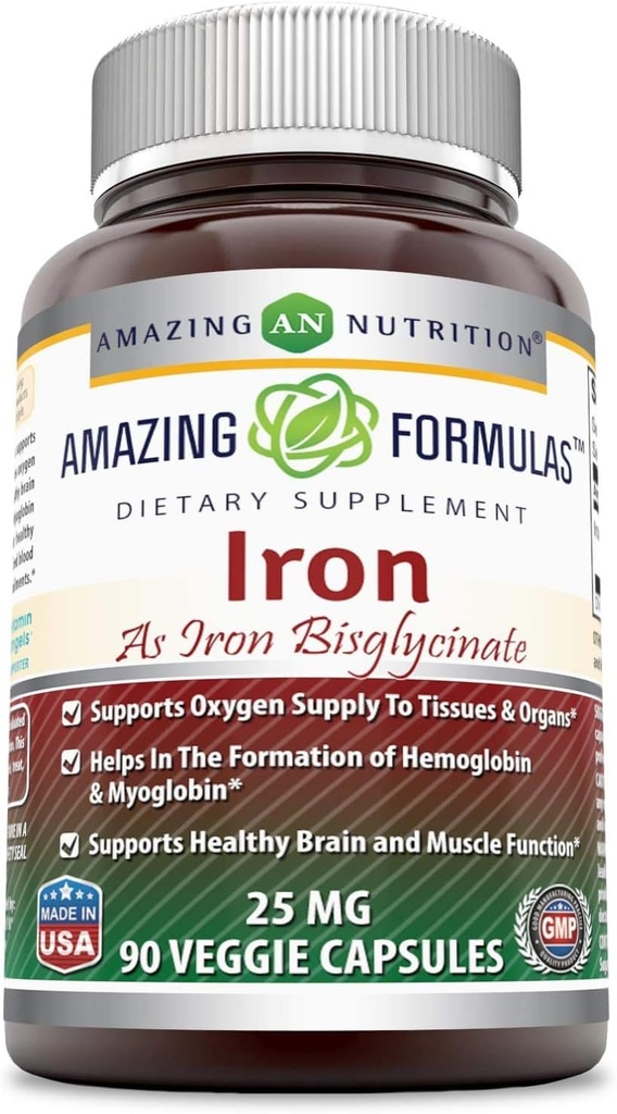 Fantastiska formler Järn som järn Bisglycinate 25 Mg Veggie Capsules (Non-GMO, Gluten Free) - Stöder syre Supply till Tissues & Organs-Hjälpar i bildandet av Hemoglobin & Myoglobin.(90 Veggie Capsules)