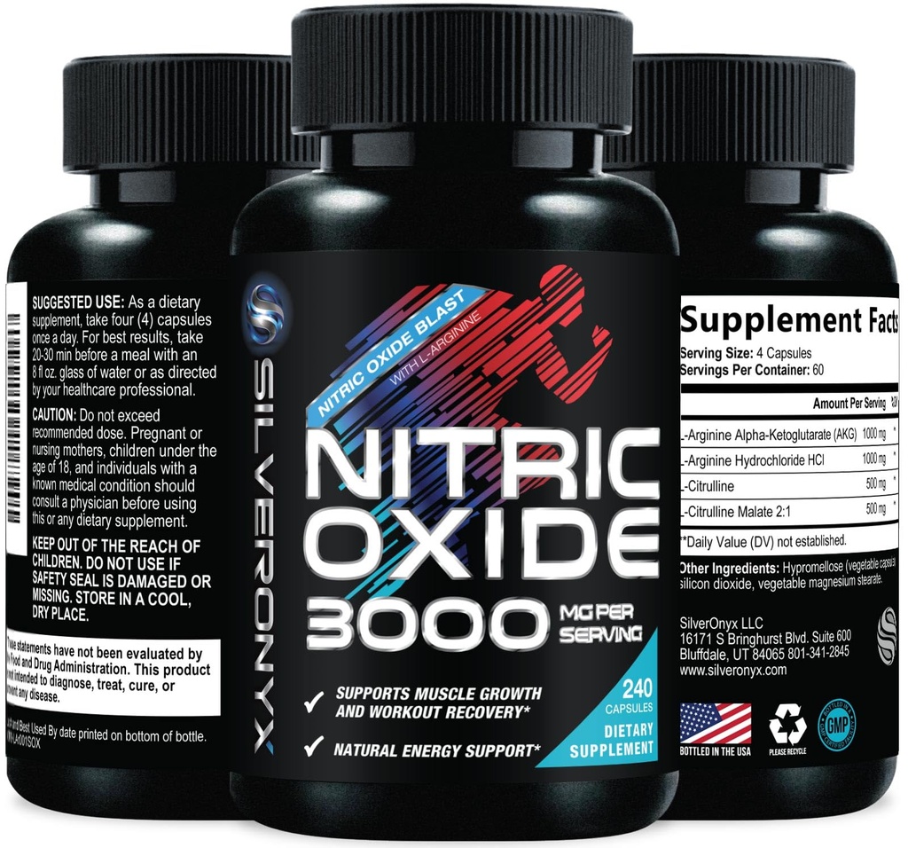Extra Strength Typpioksidi täydentää 3X vahvuus L Arginiini, Sitruliini malaatti, AAKG, Beta Alanine - Premium lihasten tuki Nitricc Booster - Natural Energy & Heart Health Support - 240 kapselia