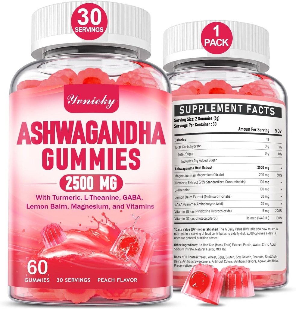 Ashwagandha Gummies 2500mg naisille ja miehille: Ashwagandha täydentää Gummy Extra vahvuus Turmeeric, D3-vitamiini, L-Theanine, Magnesium - täytetyt Gummies, Mansikka maku, Vegan, ei-GMO