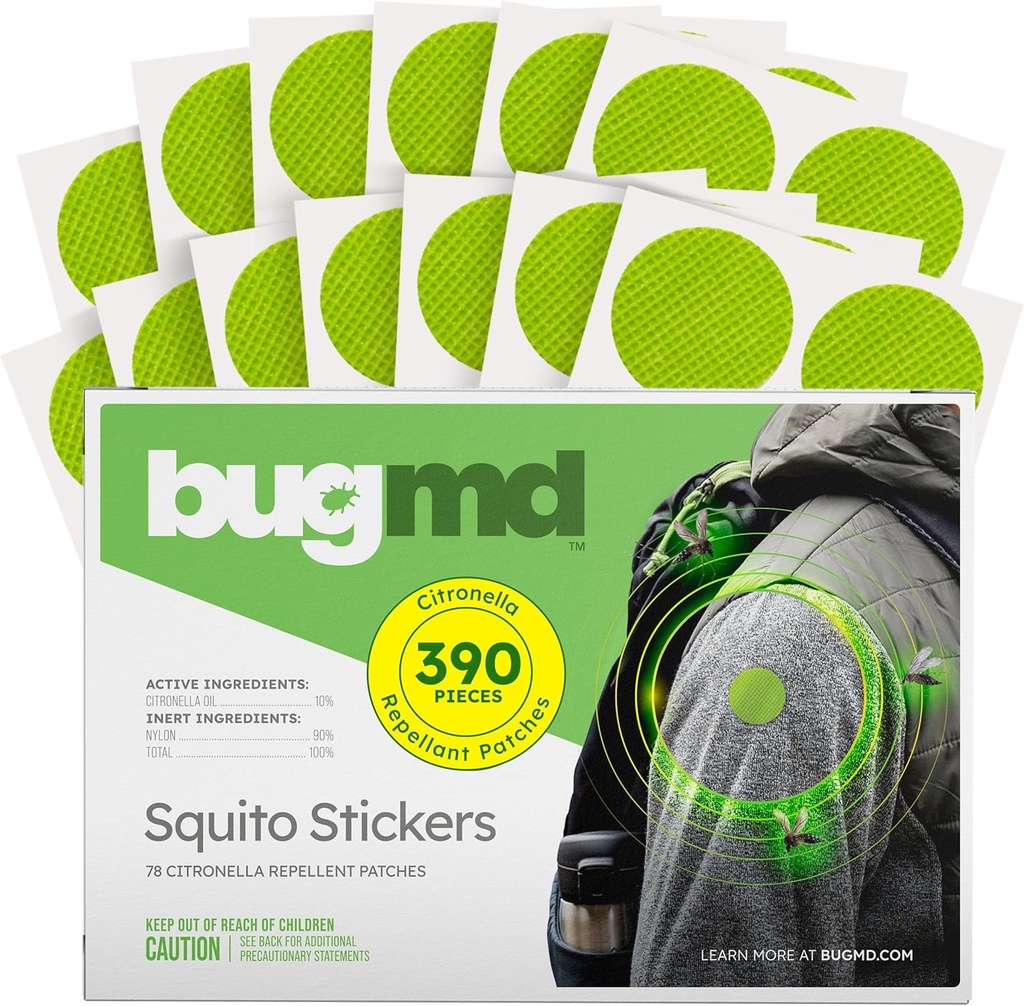 BugMD Squito Squickers Mosquito Repellent Patch Stickers aikuisille (390 paikkaa), turvallinen ja tehokas Hyönteiskarkotteen paikat lasten, leirintäalue, ranta & ulkona Essentials