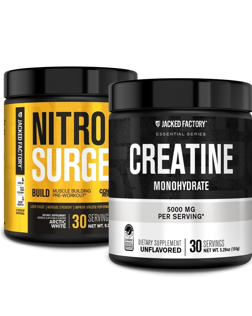 Jacked Factory Nitrosurge Rakenna Pre workout kanssa Creatiini Lihas Building (30 tarjoilua, Arctic White) & Creatiini Monohydraatti Powder for Muscle Growth & Increase Strength (30 tarjoilua, makuamaton)