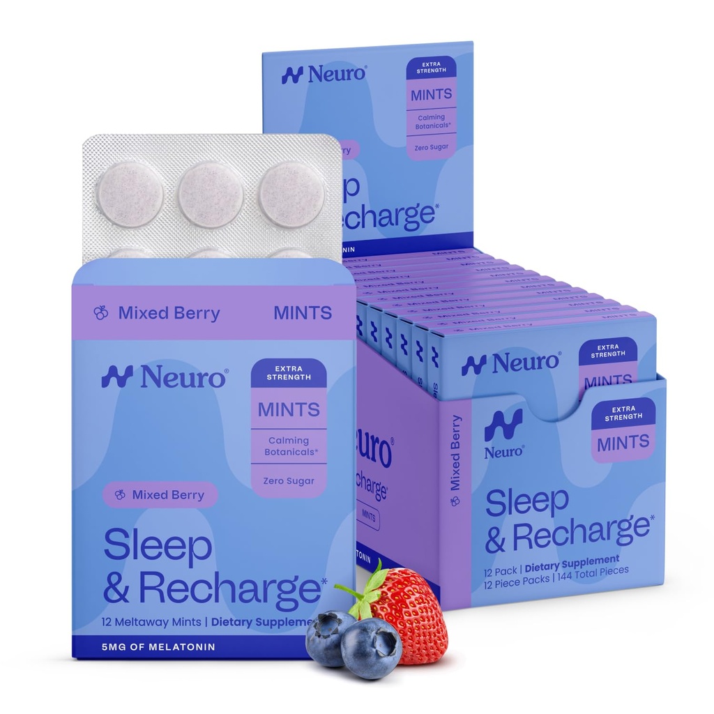 Neuro Melatonin 5mg Sleep & Recharge Mints (144 Pieces) - Snabbupplöst Melatonin Sugar Gratis Mints med Lemon Balm & Chamomile för bättre sömn - Lugn sömntillägg för vuxna - Natt Berry smak