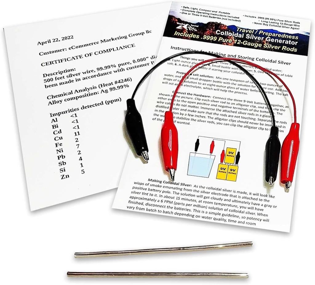 Kolloidinen Silver Generator Wire 99.99% Pure 12-Gauge (0,08 in./2.06 mm) Setti (2) 4-tuumainen Rods + Mini/Matkailija Generator - Sisältää Wires + Täydelliset ohjeet