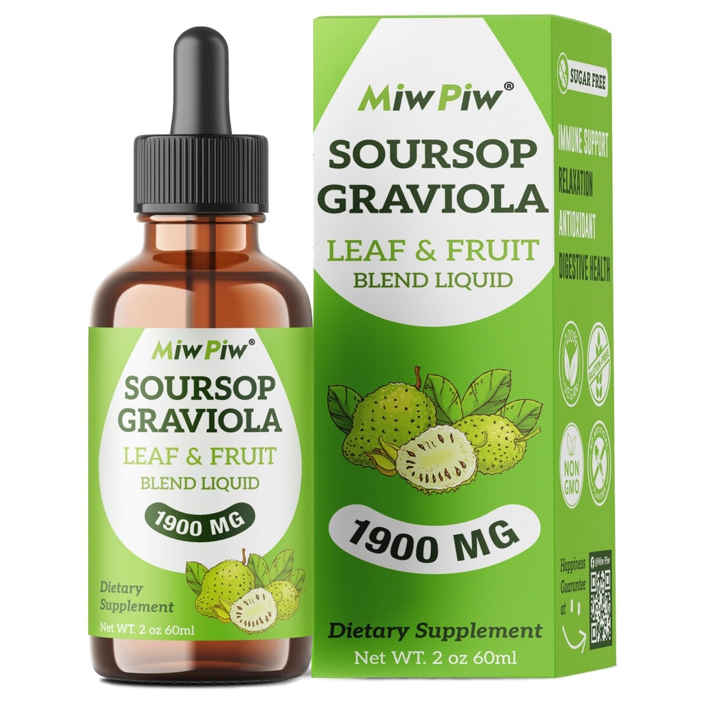 Soursop Graviola Liquid Drops 1900MG 2Fl Oz, Soursop Bitter Leaf Extract lisäravinteet, uni rentoutua tukea ja immuuni Boost - sokeriton, luonnon maku, kasviperäisten hyvyys