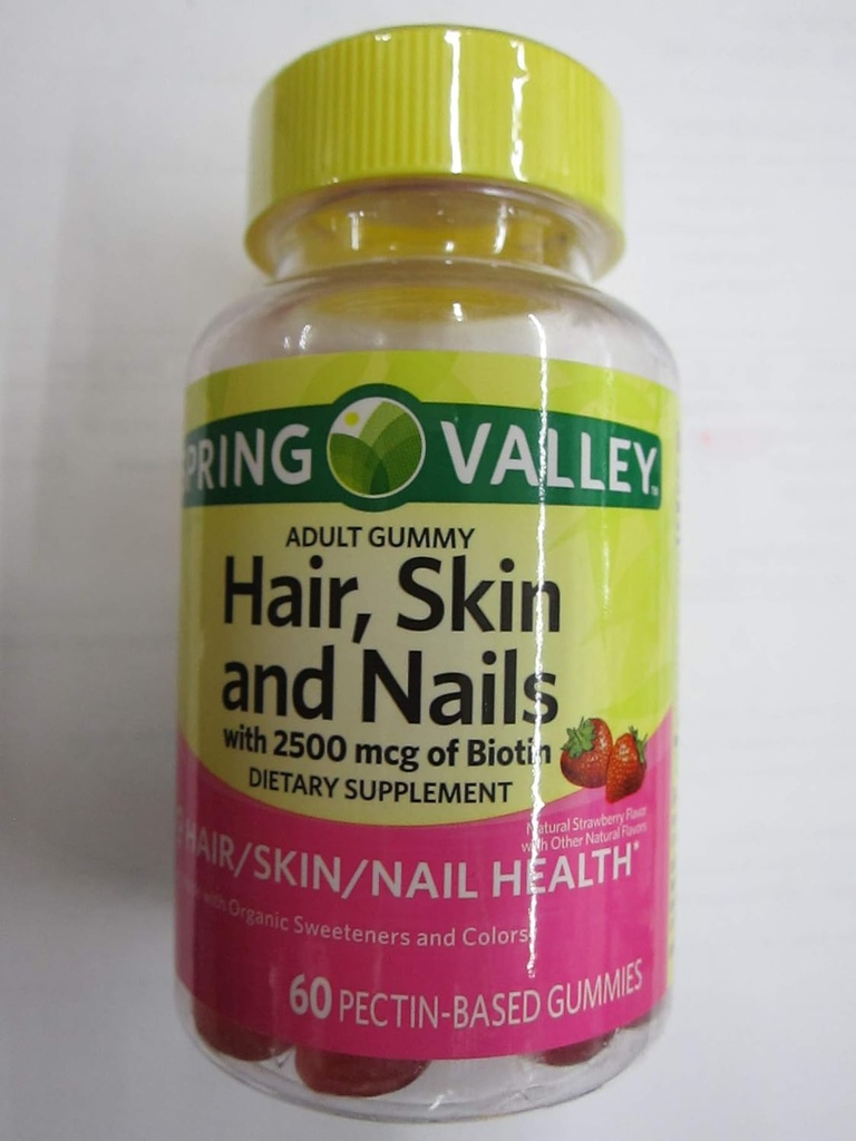 Spring Valley aikuisten hiukset, iho, kynnet, 2500 mikrog Biotin, mansikka, 60 Gummy (paketti 2)