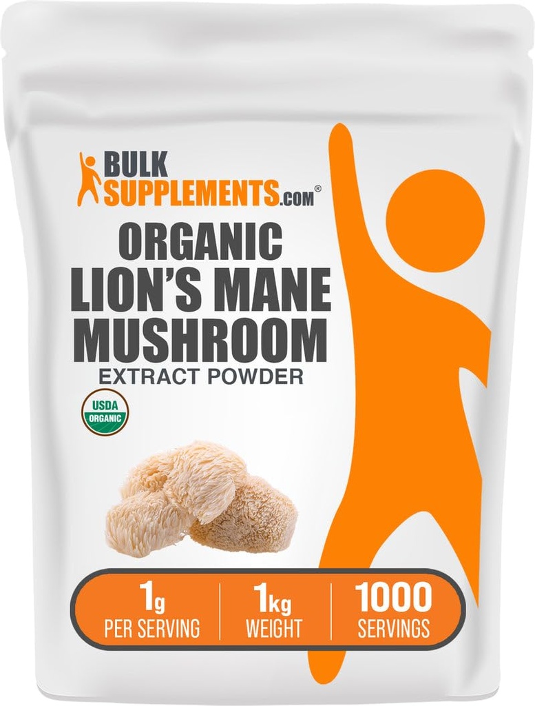 BulkSupplements.com Organic Lion's Mane Mushroom Extract Powder - Lions Mane Supplement Powder, Superfood for Well-Being - Vegan, 1g per Serving, 1kg (2,2 lbs) (Pack of 1)
