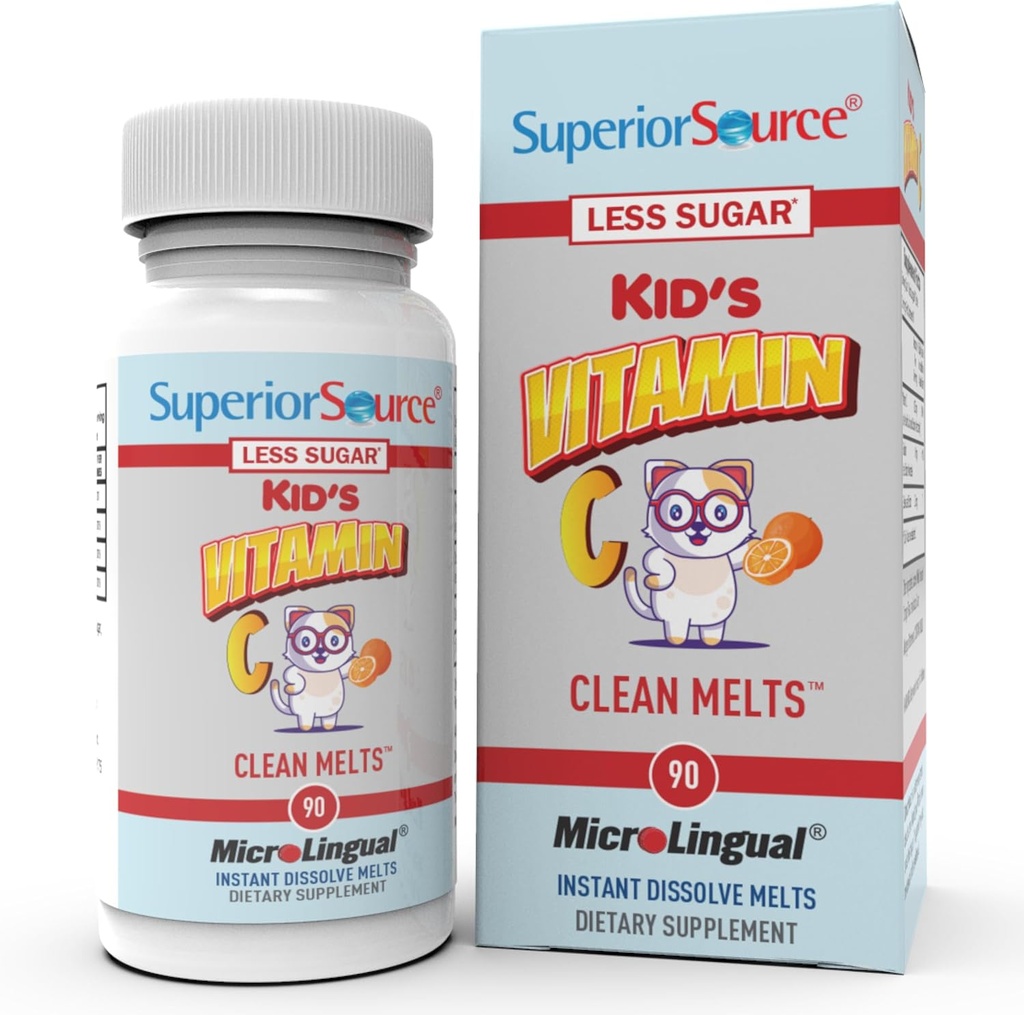 Superior Source Kid C-vitamiini C Clean Sulaa - Immuuni tuki täydentää lapsille - vähemmän sokeria - ei-GMO, Gluteeniton & säilöntäaine-vapaa - 90 MicroLingual pikaratkaisu tablettia