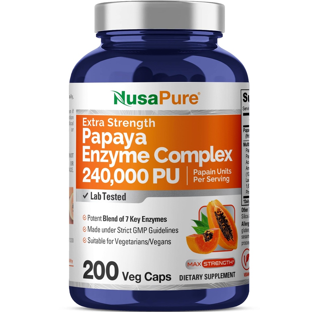 NusaPure Papayan Papain Enzyme Complex 240,000 PU - 200 Kasvis Caps - 100% kasvissyöjä, ei-GMO