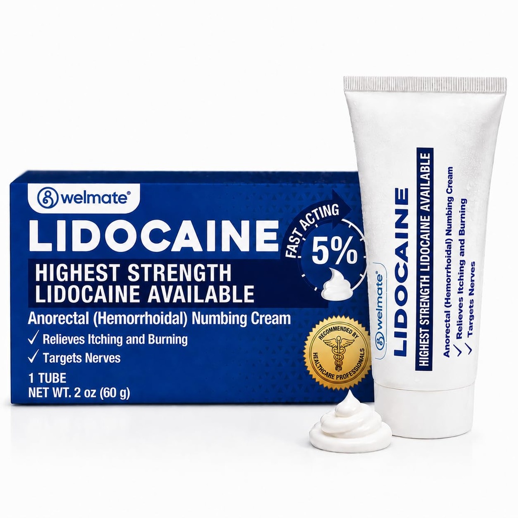 WELMATE - 5% Lidocaine Numbing Cream, 2oz (60g) - Maximal styrka Lidocaine Cream - Hemorrhoid Relief - Extern användning Anesthetic, Vitamin E - Barnresistent - Topisk hudvård