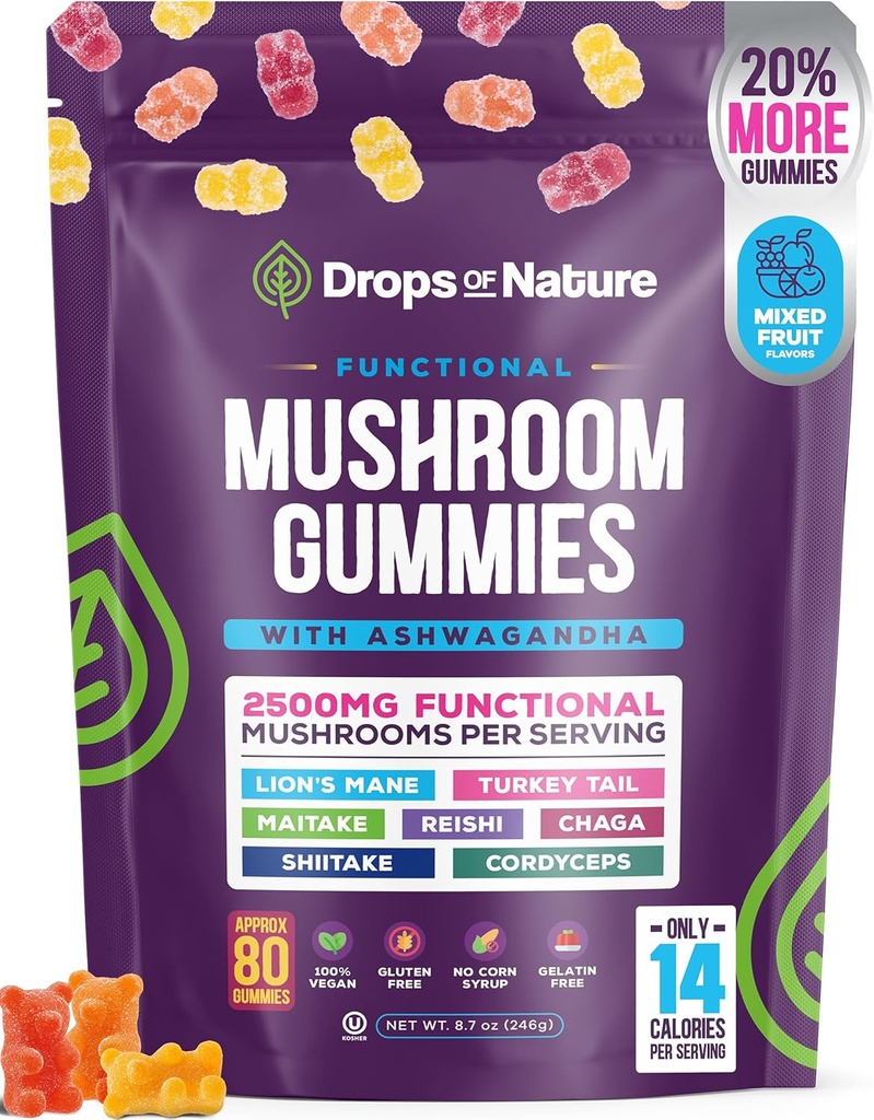 Ashwagandha Gummies and Lions Mane Mushroom Gummies Supplement - Organic - Reishi, Cordyceps, Turkey Tail, Maitake, Shitake, Chaga - Immuunipuolustus, Boosts Cognitive Performance, Vegan, Low Carb