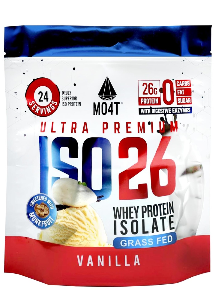 ISO26 Grass Fed Whey Protein Isolat utan konstgjorda sötningsmedel. Naturligt sötad med Monk Fruit, 1,6 pund, 24 portioner, mjölkchoklad (Iso 26 Pouch Vanilla)