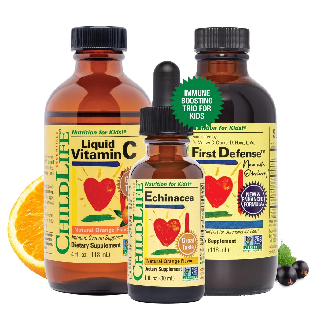 CHILDLLIFE OLENNAISET Immuunituki 3-Pack - nestemäinen C-vitamiini, ensimmäinen puolustus, ja Echinacea - Immuuneja lisäravinteet lapsille, pikkulapsille ja lapsille