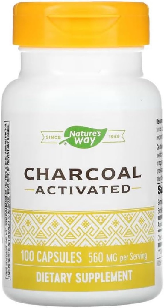 Natures Way Aktiivinen hiilikivi Suoliston puhdistuskapseli, 260 mg - 100/ pakkaus - 3 pakkausta/ kotelo.3