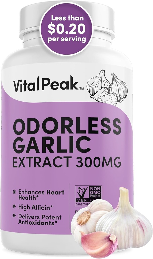 Odorless Garlic Extract - Allicin-Rich 300 mg Herbal Garlic Supplements for Heart, Liver och Immune Support I icke-GMO, Gluten-Free, Vegan - 90 Garlic Capsules