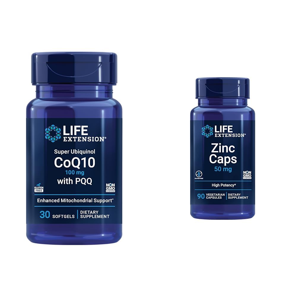 Life Extension Super Ubiquinol CoQ10 PQQ, CoQ10, PQQ, shilajit, Heart Health & Sinkki Caps, sinkki 50 mg, sinkki Citrate, Tuki kehon immuunipuolustus