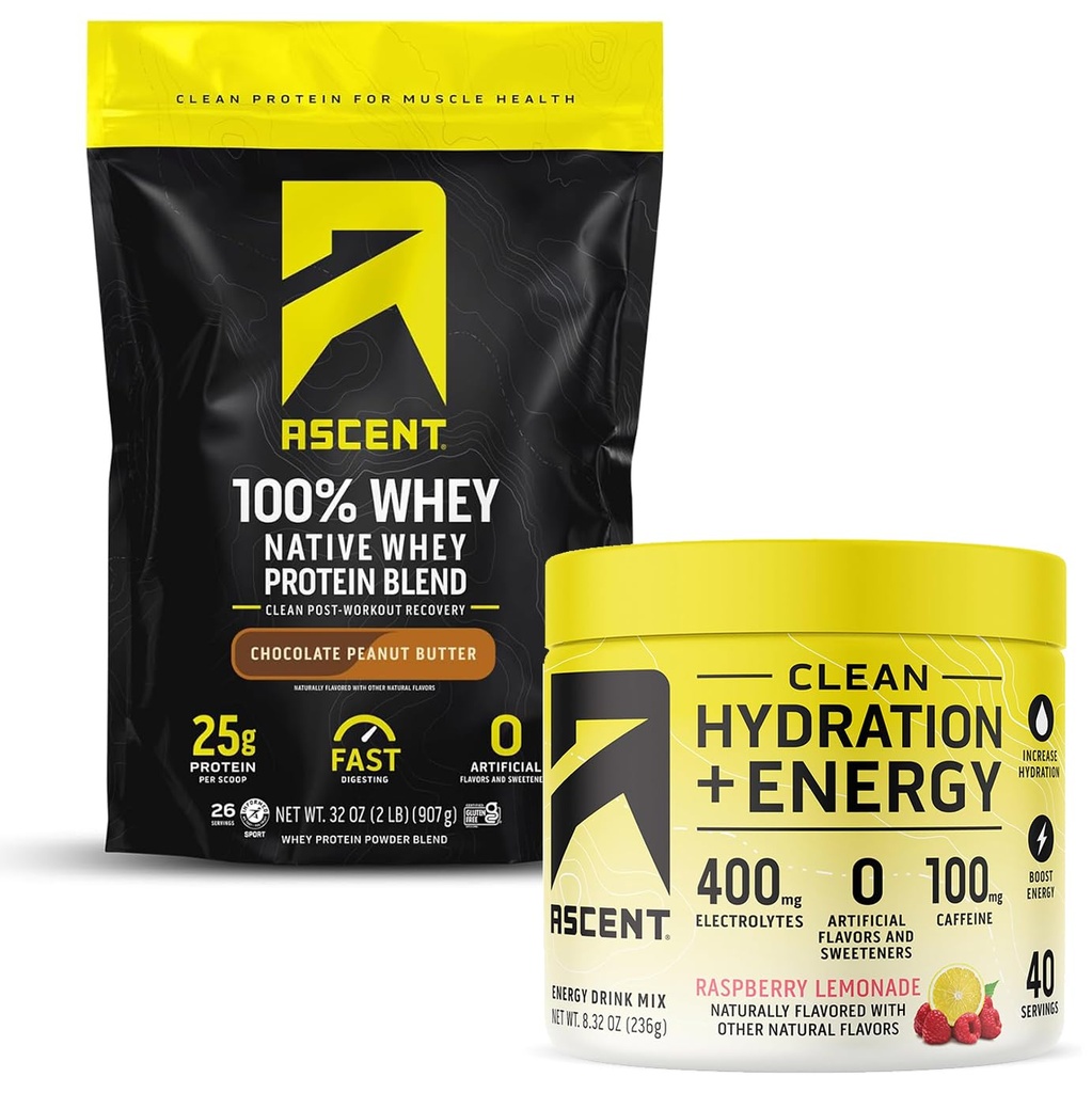Nousu 100% Whey Protein Powder, Chocolate Peanut Butter 2 lb & Hydration + Energy Electrolytes, Vadelma sitruunaa 40 tarjoilua