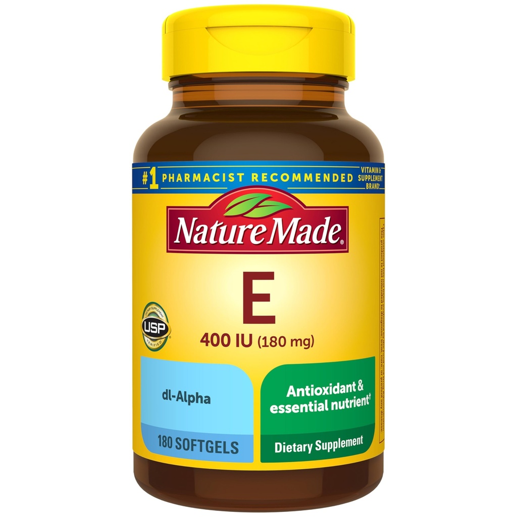 E-vitamiini 180 mg (400 IU) dl- Alpha Softgels, 180 luku antioksidanttien tukemiselle