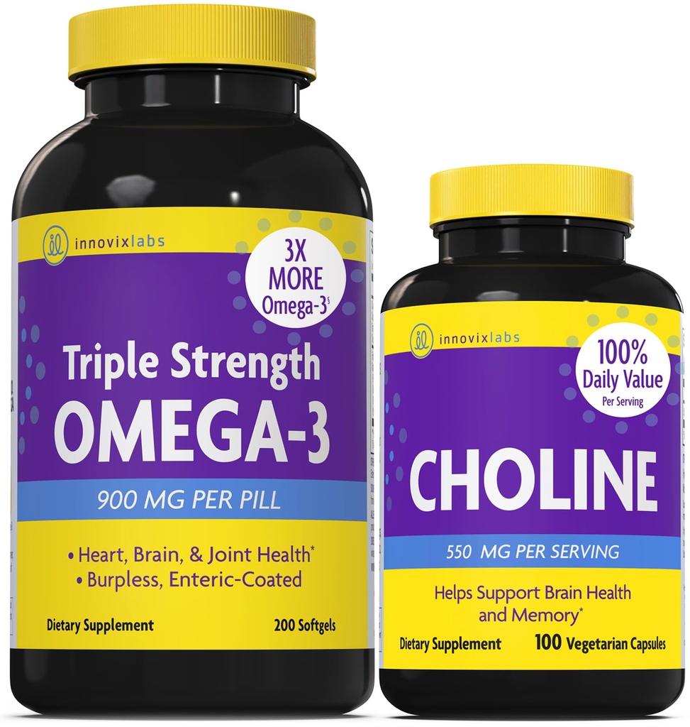 InnovixLabs Koliini & Triple Omega-3 Bundle Koliinibitartraatti 550 mg (100 kapselia) Triple Strength Omega (200 Softgels). Tukee muistia, mielialaa, aivoterveyttä ja kognitiivisuutta.*
