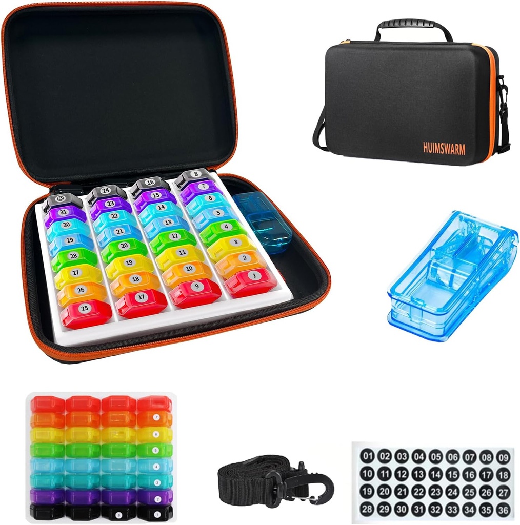 Kuukausittainen pilleri Järjestäjä 1Time A Day, Pill Organizer Kuukausittain 1Time A Day kanssa 32 Päivittäinen Osastot&1Pill Cutter&1Matkustaa Case&1Shoulder hihnat&2PCS 31 päivää Tarra. Mukava kahva, BPA-vapaa.