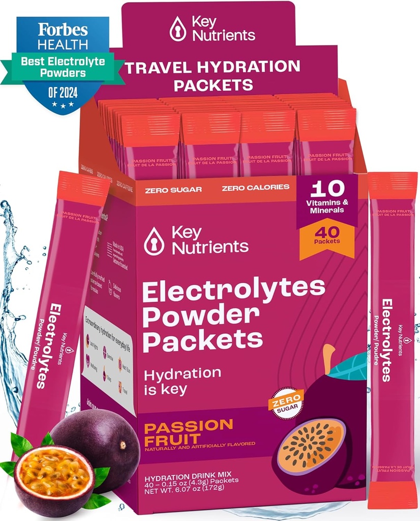 Avainaineet Multivitamiini Elektrolyyttejä Powder Packets - Delicious Passion Fruit 40 Pack Hydration Packets - Travel Hydration Powder - Ei sokeria, ei kaloreita, Gluteeniton - Made in USA