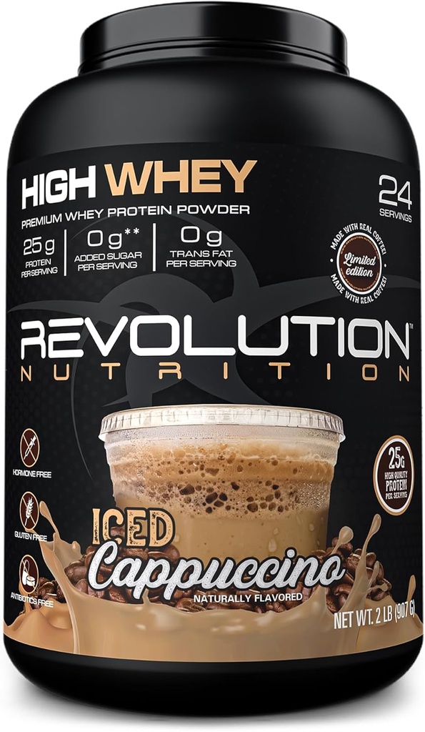 Revolution Nutrition, High Whey, Protein Powder 2LB, Whey Isolate, Gluteeniton, Lean Muscle Mass for Men & Women, 25g Protein Per Scoop, 908 g, 24 Tarjoilut (Iced Cappuccino, 2 punta)