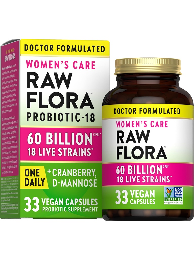 Raw Flora Women's Probiootit . Dr. Formuloitu 60 miljardia PMY + Prebiootit ... Ruoansulatus-, emätin- ja virtsan tuki 33 Vegaanikapselit karpalo & D- mannoosi