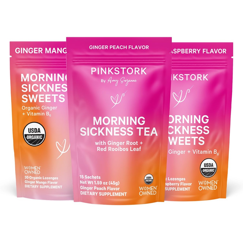 Vaaleanpunainen Stork Morning Sairaus Relief Kit . 3-piece Bundle luomu inkivääri persikka teetä, B6 makeisia, inkivääri Lozenges. Raskaustuki, Ensimmäinen Trimester Essentials, Lahja raskaana oleville naisille