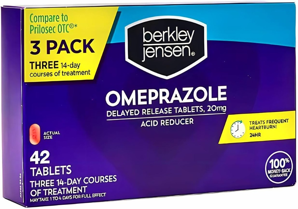 berkley Jensen Omeprazole 20 mg Viivästynyt vapautuminen Tabletit - Heartburn Medicine- Acid Reducer pillereitä - Hoidot usein närästys - 3 x 14-päivä Kurssit, 42 Count Total (Pack of 1)