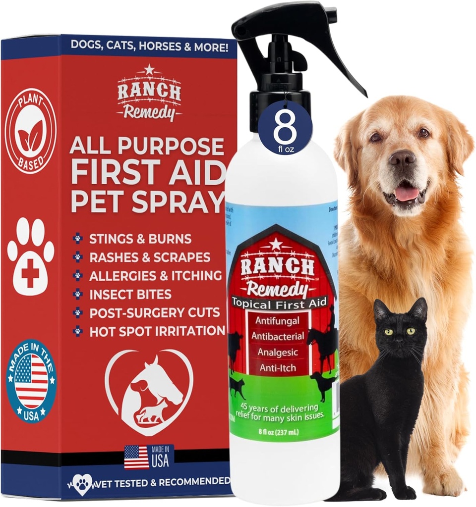Wound Healing Aid & Itch Relief Spray för hundar, katter, hästar, säkra för alla djur - All Natural - Rashes, Bites, Burns & Hot Spot Behandling - Skin Irritation & Allergies Solution (8oz)