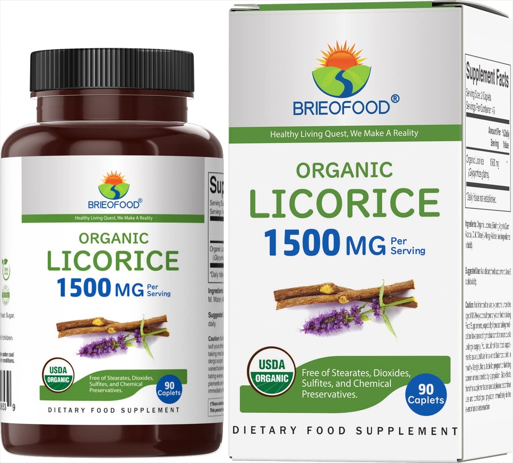Brieofood Organic Licorice 1500mg, 45 Tarjoilut, Kasvisruoka, Gluteeniton, 90 Kasvisruoka Tabletit