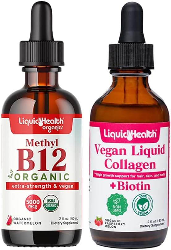 LIQUIDHEALTH Organic Metyyli B12 5000 mcg Vitamiini tipat Tart Cherry Juice & 100% Vegan Plant-Based Collagen Plus Biotin Drops - Natural Energy Boost, Paranna keskittyä, hiusten ja kynsien kasvua, ihon terveys