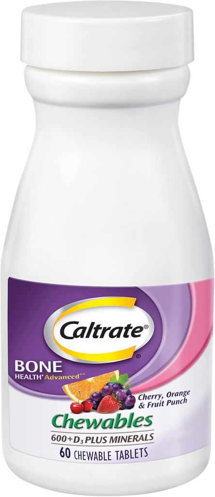 Caltrate Chewables 600 Plus D3 Plus Mineraalit Kalsium D-vitamiini täydentää, kirsikka, appelsiini ja hedelmien punch - 60