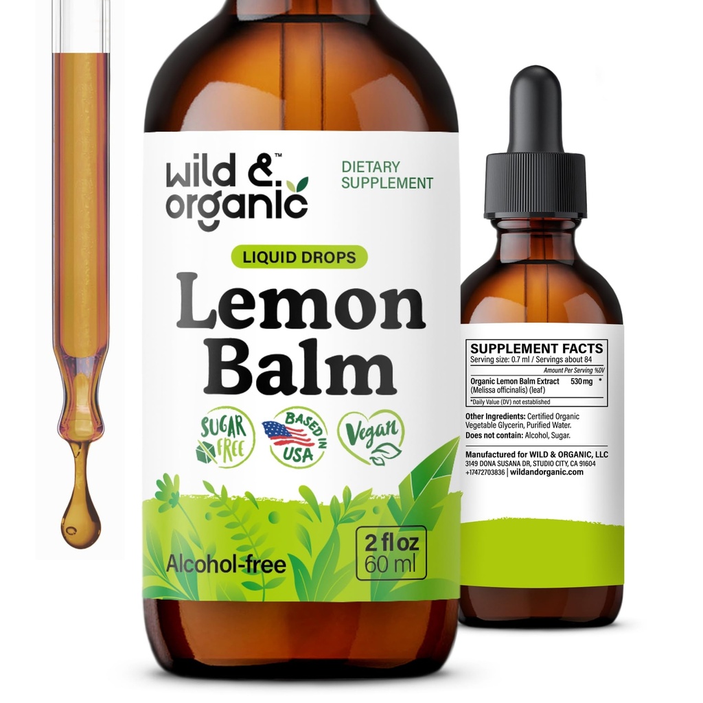 Wild & Organic Lemon Balm Drops - Rentouttava Lemon Balm Leaf Extract täydennysosa - Calming Melissa Officinalis Tincture - Vegan, Sokeri & Alkoholiton - 2 fl oz