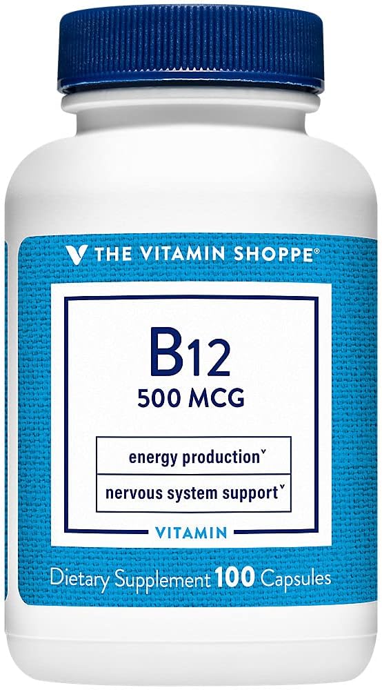 Vitamiini Shoppe-vitamiini B12 500 mcg - Tukee energiantuotantoa, kerran päivässä ravintolisä - B-12-vitamiini (Cyanocobalamin), Gluteenittomat ja maitotuotteet (100 kapselia)