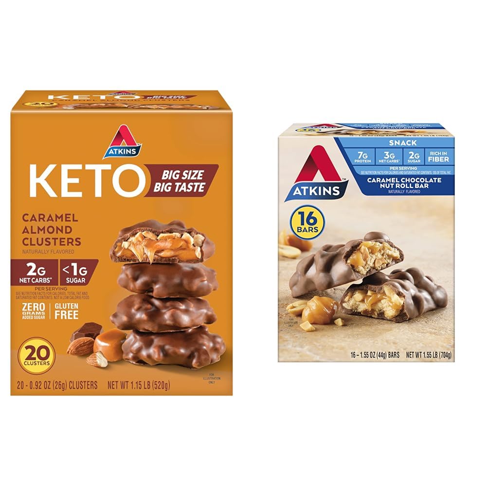 Atkins Caramel Almond Clusters, Gluteeniton, Korkea kuitu, 1g sokeria, 2g Net Carb, Keto Friendly, 20 Count & Caramel Chocolate Nut Roll Välipala Bar, proteiini Välipala, Korkea kuitu, 2g sokeria, 16 Count