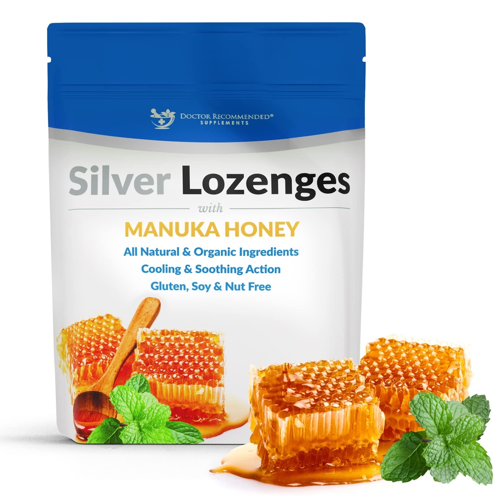 Silver Lozenges with Organic Manuka Honey and Vitamiini C - Kaikki luonnolliset Nano Silver 45-50 mcg 60 PPM Kolloidinen Silver Mineral Drops tukemaan Immuunijärjestelmän, Soothe, Cool Cough & Kurkku, 24 Lozenges