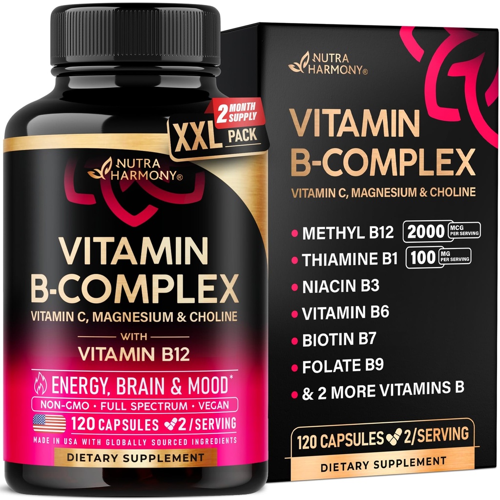 B-vitamiinikompleksi miehille ja naisille - valmistettu USA:ssa - B-komplex: B1, B2, B3, B5, B6, B7, B8, B9, B12, C-vitamiini, koliini, inositoli - energia, aivojen ja sydämen tuki täydentää, 120 Vegaanikapselit
