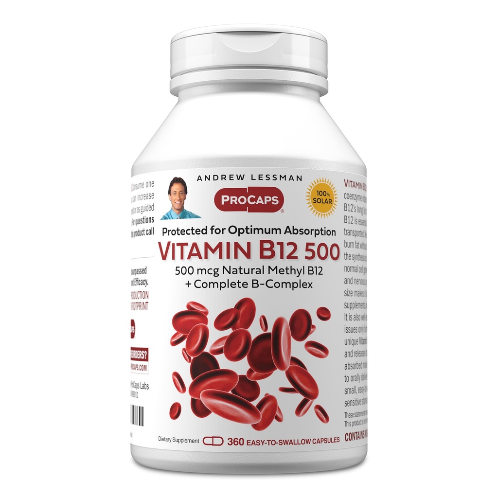 ANDREW LESSMAN B12 500 360 kapselia - Imeytyminensuojattu Metyylikobalamiini (Luonnollinen Coenzyme B12), välttämätön energia- ja stressituki, Plus B-komplex, helppo niellä kapselit