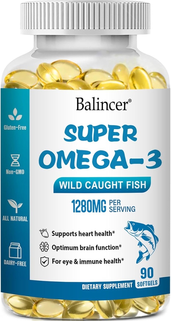 Omega 3 Fiskoljetillskott, 1280 mg Omega-3 fettsyror inklusive EPA och DHA, Wild-Caught Burpless Fish Oil Supplements stöder hjärta, hjärna och ögonhälsa, 90 Softgels