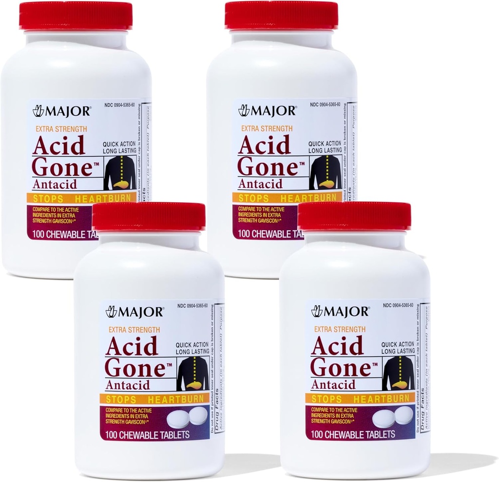 Major Acid Gone Extra Strength Antacid Chewable Tablets - Anti-Acid Relief - Acid Reflux Medicine for Adults - Upset Stomach, Acid Indigestion och Heartburn Relief - Long-Lasting - 100-Count (4 Pack)