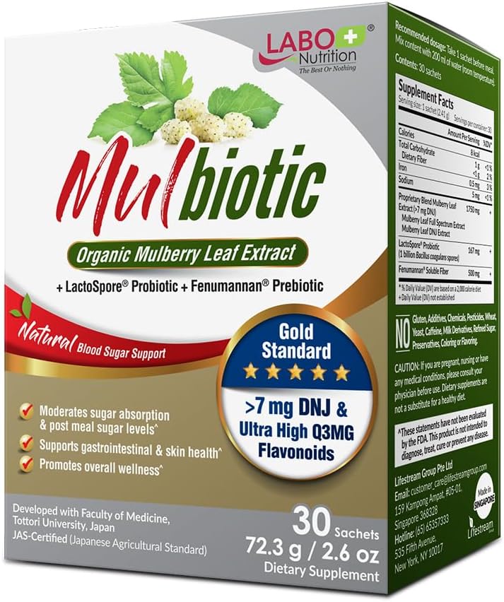 LABO Nutrition Mulbiotic, Organic Mulberry Leaf Extract + LactoSpore Probiotic & Fenumannan Prebiotic, för Carb Cravings Support, Vegetarian, Non-GMO