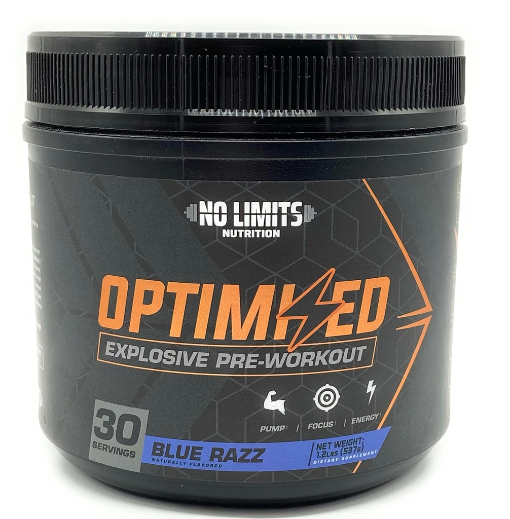 "Optimized" Blue Razz Pre-Workout Powder / Massive Pumput / Lisätä lihasmassaa, voimaa & keskittyä / Beta Alanine + L-Citrulline + Betaine Vedetön + Creatiini + Kofeiini Vedetön / 30 tarjoilua