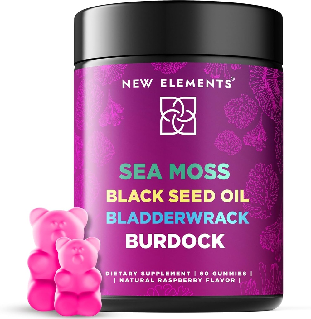 Organic Sea Moss Gummies med Black Seed Oil, Bladderwrack & Burdock Root | Irländska Sea Moss Supplement 1000mg | 4 i 1 Avancerad Formel 4X Stronger | Raspberry Flavor | Vegan | Non-GMO | Gluten-Free