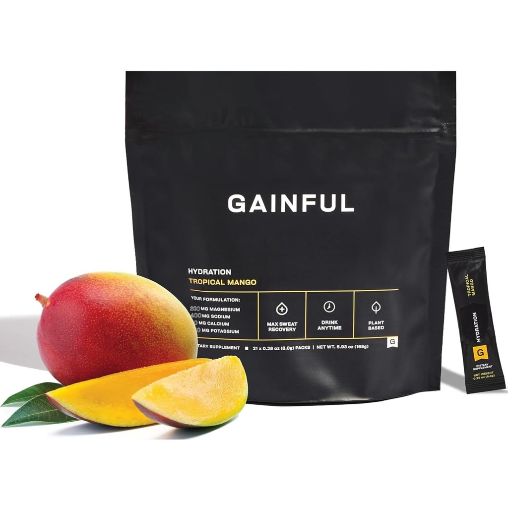 Gainful Hydration Powder Packets, koffeinfritt med Key Electrolytes Magnesium och natrium, energistöd, låg socker, tropisk mango, 21 Sticks