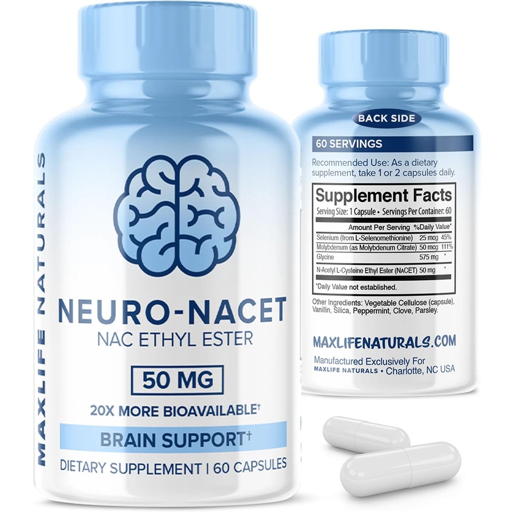 MaxLife Naturals Neuro NACET N-Acetyl L-Cysteine - 60 kapslar, 20x More Bioavailable Glycine NAC Supplement N-Acetyl Cysteine Ethyl Ester med Selen, 10x Glutathione Boost för hjärn- och lungstöd