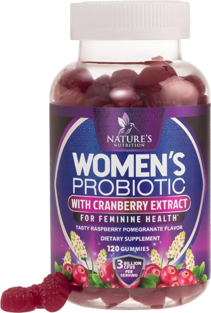 Probiootit naisille Gummies with Cranberry - 6 Premium kannat PH Balance, Ruoansulatusterveys, emätin & Immuuni tuki, 3 miljardia PMY, naisten probiootti Gummy for Feminine Health - 120 Gummies