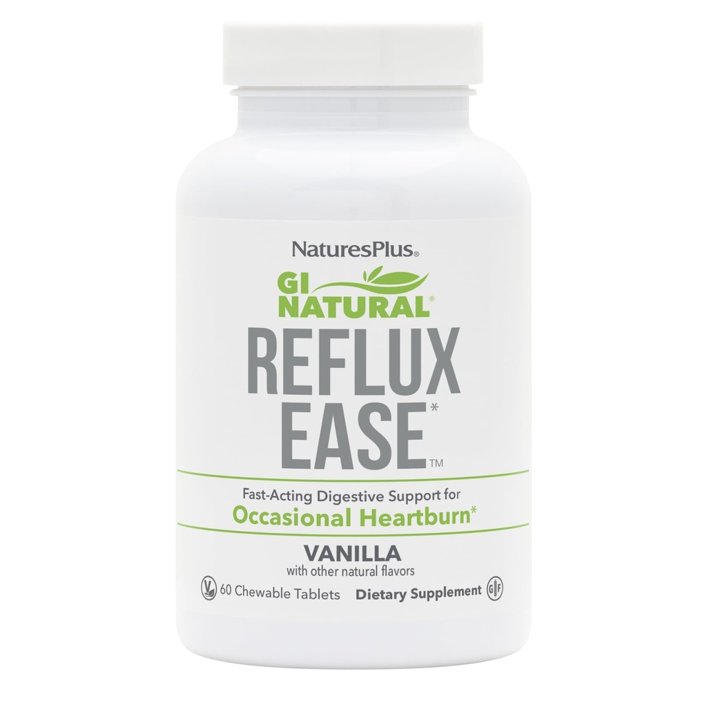 Natures Plus GI Natural Reflux Ease, Vanilja - 60 purutablettia - Nopeasti toimiva digestiivinen tuki - Kasvisruokaa, Gluteeniton - 60 tarjoilua