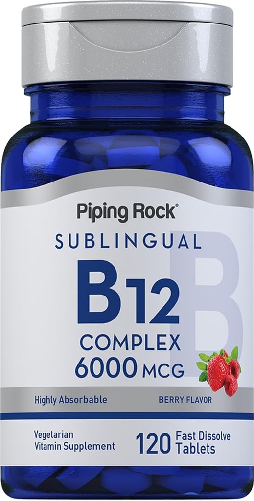 Piping Rock Sublingual B12 Komplex 6000 mcg | 120 Snabbupplösta tabletter | Berry smak | Vegetarisk, icke-GMO & Glutenfri