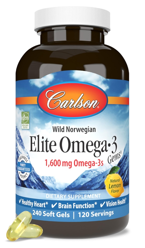 Carlson Elite Omega-3 Gems, 1600 mg Omega-3, EPA & DHA, Lemon Flavor, 240 Softgels