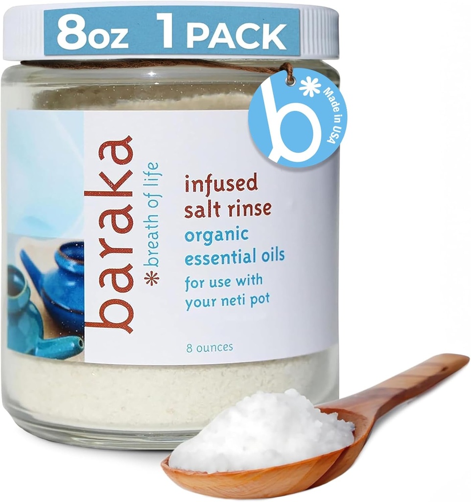 Baraka Infused Sea Salt Nei Pot - Sinus Rinse & Nenä Cleaner, Essential Oil Infused with Virginia Cedarwood, Palmarosa, Green Myrtle, Fir Balsam & Rosemary, 8 oz (1 pakkaus)